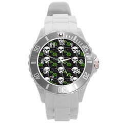 Green Roses And Skull - Romantic Halloween   Round Plastic Sport Watch (l) by ConteMonfrey