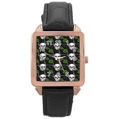 Green Roses And Skull - Romantic Halloween   Rose Gold Leather Watch  by ConteMonfrey