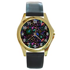 Background Nature Texture Design Round Gold Metal Watch by Wegoenart