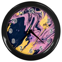 Pink Black And Yellow Abstract Painting Wall Clock (black) by Wegoenart