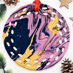 Pink Black And Yellow Abstract Painting Round Filigree Ornament (two Sides) by Wegoenart