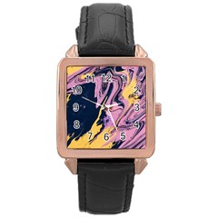 Pink Black And Yellow Abstract Painting Rose Gold Leather Watch  by Wegoenart