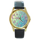 Pink Yes Bacground Round Gold Metal Watch Front