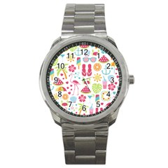 Flamingo Bird Nature Illustration Summer Beach Sport Metal Watch