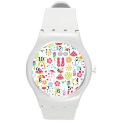 Flamingo Bird Nature Illustration Summer Beach Round Plastic Sport Watch (m)