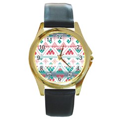 Aztec Ethnic Seamless Pattern Round Gold Metal Watch