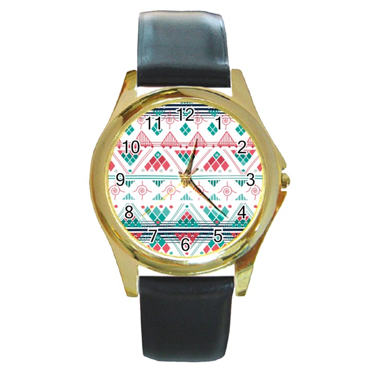 Aztec Ethnic Seamless Pattern Round Gold Metal Watch