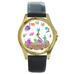 Alien Ufo Star Universe Star Vector Image Round Gold Metal Watch