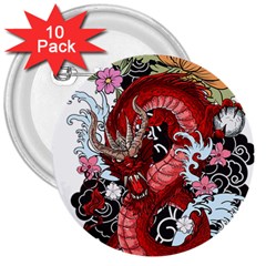 Drawing Red Dragon Legendary 3  Buttons (10 Pack) 