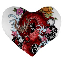 Drawing Red Dragon Legendary Large 19  Premium Flano Heart Shape Cushions