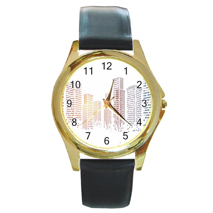 Buildings, Building City Building Condominium Skyscraper Round Gold Metal Watch