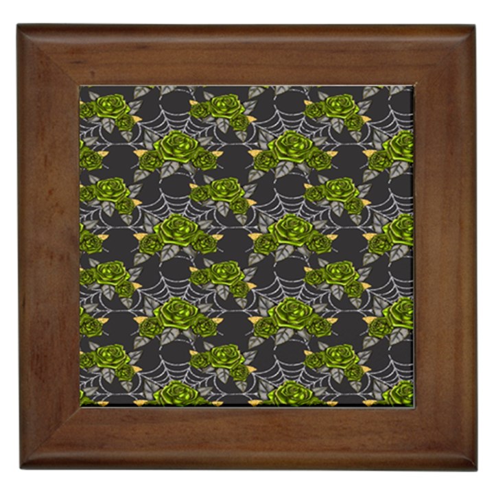 Halloween - Green Roses On Spider Web  Framed Tile