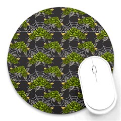 Halloween - Green Roses On Spider Web  Round Mousepads by ConteMonfrey