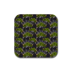 Halloween - Green Roses On Spider Web  Rubber Square Coaster (4 Pack) by ConteMonfrey