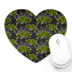 Halloween - Green Roses On Spider Web  Heart Mousepads by ConteMonfrey