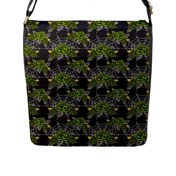 Halloween - Green Roses On Spider Web  Flap Closure Messenger Bag (L)