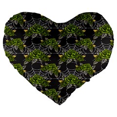 Halloween - Green Roses On Spider Web  Large 19  Premium Flano Heart Shape Cushions by ConteMonfrey