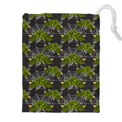 Halloween - Green Roses On Spider Web  Drawstring Pouch (5xl) by ConteMonfrey