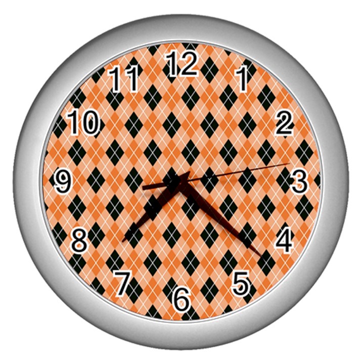 Halloween Inspired Black Orange Diagonal Plaids Wall Clock (Silver)