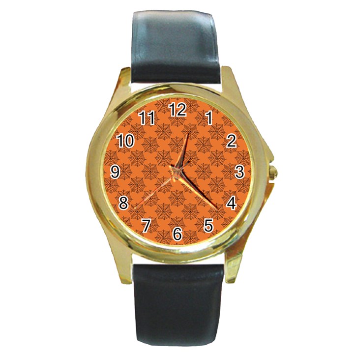 Halloween Black Orange Spider Web   Round Gold Metal Watch