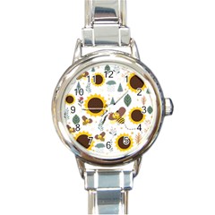 Nature Honeybee Sunflower Leaves Leaf Seamless Background Round Italian Charm Watch