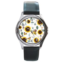 Nature Honeybee Sunflower Leaves Leaf Seamless Background Round Metal Watch