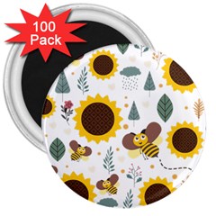 Nature Honeybee Sunflower Leaves Leaf Seamless Background 3  Magnets (100 Pack) by Jancukart