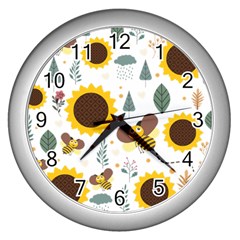 Nature Honeybee Sunflower Leaves Leaf Seamless Background Wall Clock (silver)