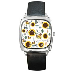 Nature Honeybee Sunflower Leaves Leaf Seamless Background Square Metal Watch