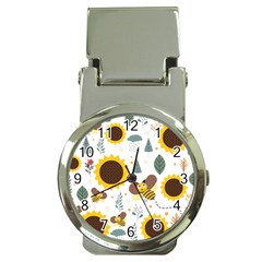 Nature Honeybee Sunflower Leaves Leaf Seamless Background Money Clip Watches