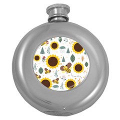 Nature Honeybee Sunflower Leaves Leaf Seamless Background Round Hip Flask (5 Oz) by Jancukart