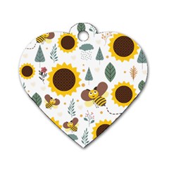 Nature Honeybee Sunflower Leaves Leaf Seamless Background Dog Tag Heart (one Side)