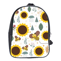 Nature Honeybee Sunflower Leaves Leaf Seamless Background School Bag (large)