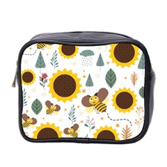 Nature Honeybee Sunflower Leaves Leaf Seamless Background Mini Toiletries Bag (two Sides)