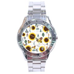 Nature Honeybee Sunflower Leaves Leaf Seamless Background Stainless Steel Analogue Watch