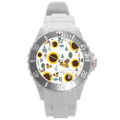 Nature Honeybee Sunflower Leaves Leaf Seamless Background Round Plastic Sport Watch (l)