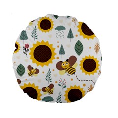 Nature Honeybee Sunflower Leaves Leaf Seamless Background Standard 15  Premium Round Cushions