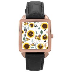 Nature Honeybee Sunflower Leaves Leaf Seamless Background Rose Gold Leather Watch 