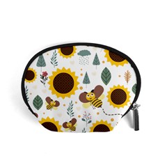 Nature Honeybee Sunflower Leaves Leaf Seamless Background Accessory Pouch (small) by Jancukart