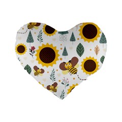 Nature Honeybee Sunflower Leaves Leaf Seamless Background Standard 16  Premium Flano Heart Shape Cushions by Jancukart