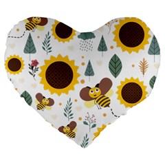 Nature Honeybee Sunflower Leaves Leaf Seamless Background Large 19  Premium Flano Heart Shape Cushions