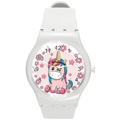 Cartoon Unicorn Fantasy Round Plastic Sport Watch (m) by Jancukart