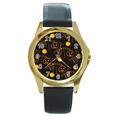 Halloween Background Pattern Round Gold Metal Watch