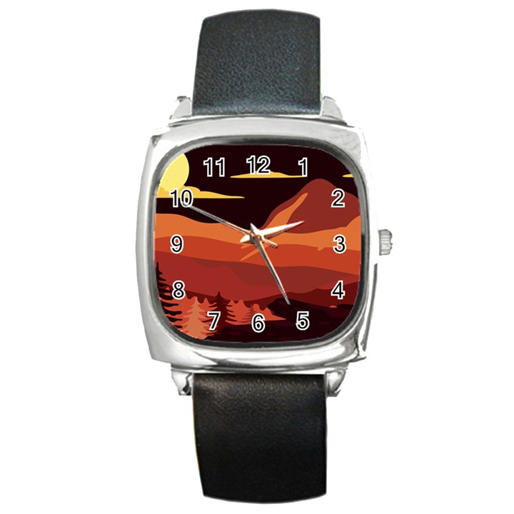 Mountain Forest Full Moon Square Metal Watch