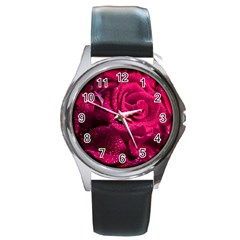 Water Rose Pink Background Flower Round Metal Watch by Ravend