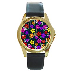 Background Flower Floral Bloom Round Gold Metal Watch