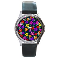 Background Flower Floral Bloom Round Metal Watch by Ravend