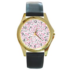 Candy Pink Black-cute Sweat Round Gold Metal Watch by Ravend