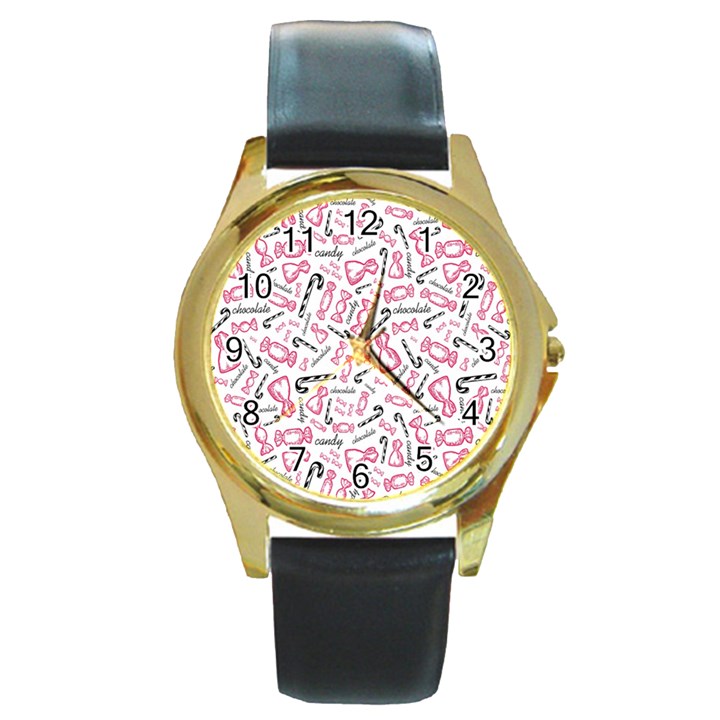 Candy Pink Black-cute Sweat Round Gold Metal Watch