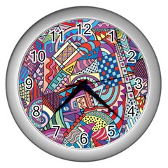 Abstract Art Color Geometry Pattern Wall Clock (silver) by danenraven